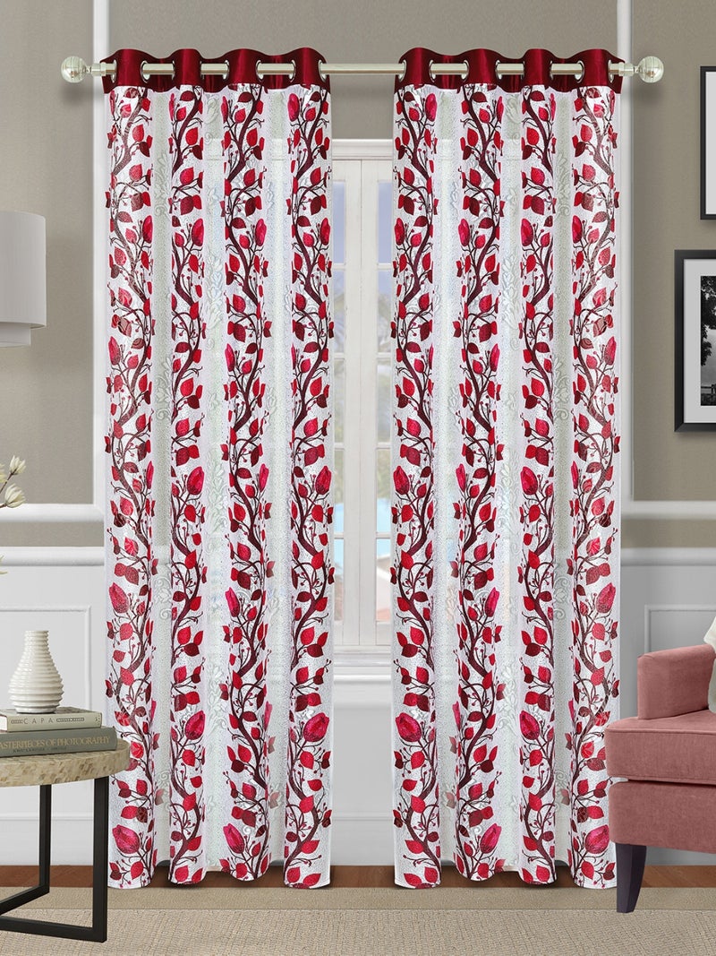Floral Design Semi Transparent Net Sheer Curtain Set of 2 for Home